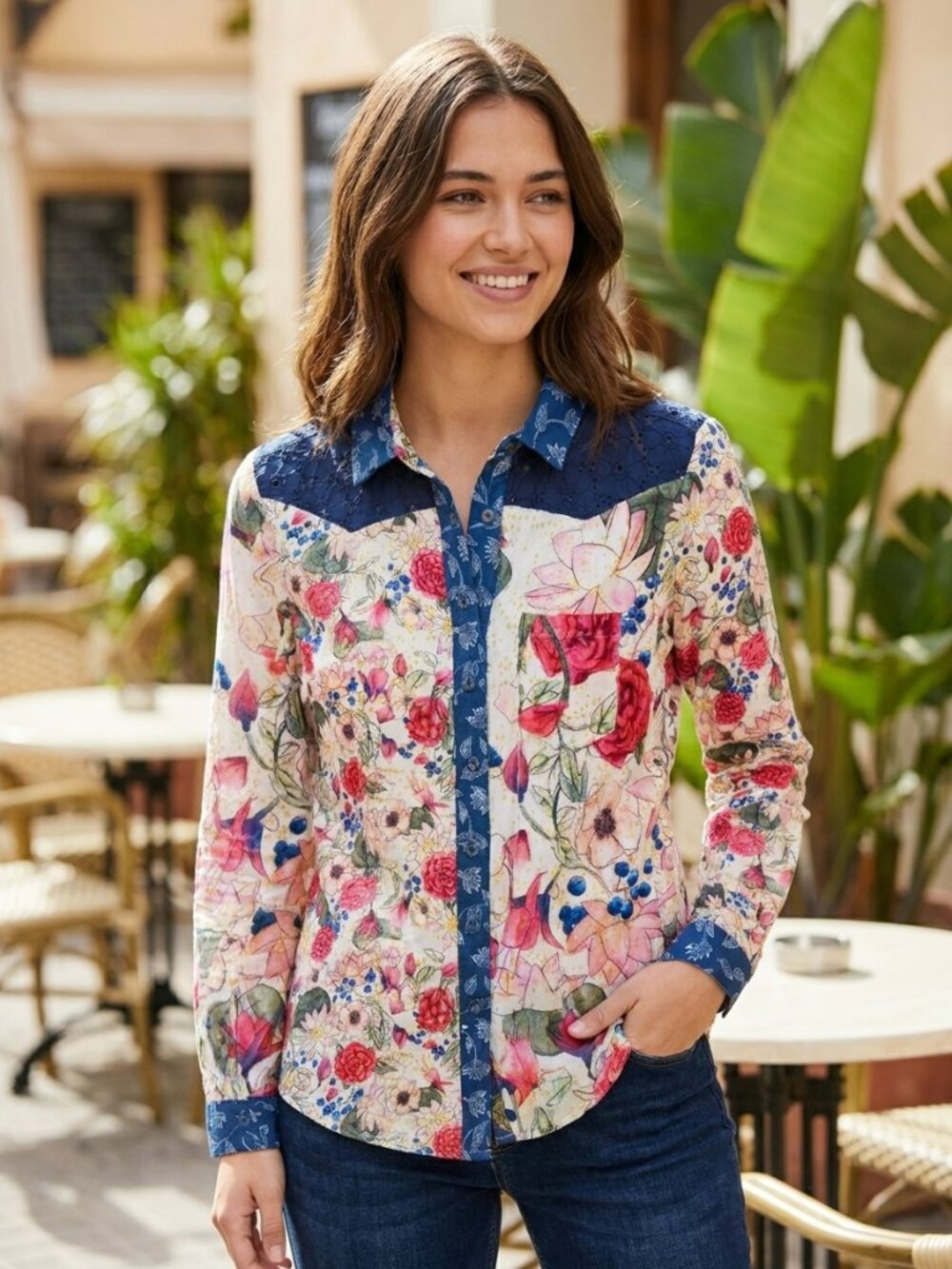 Desigual Floral Mixed-Media Button-Down Shirt | Size XS |  Watercolor Floral